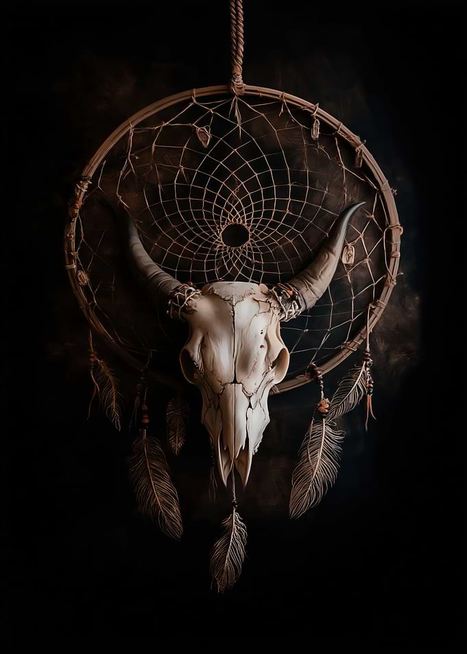 Dreamcatcher with Bull Skull and Feathers
