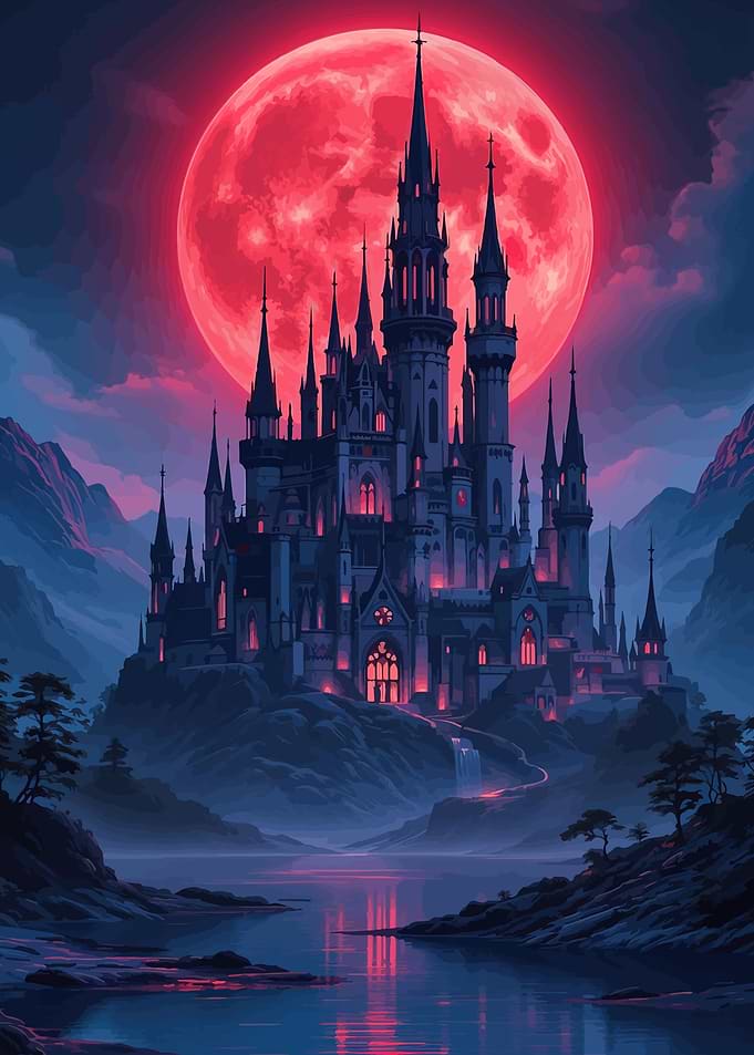 Gothic Castle Under Red Moon