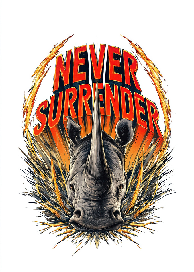 Rhinoceros with 'Never Surrender' Text