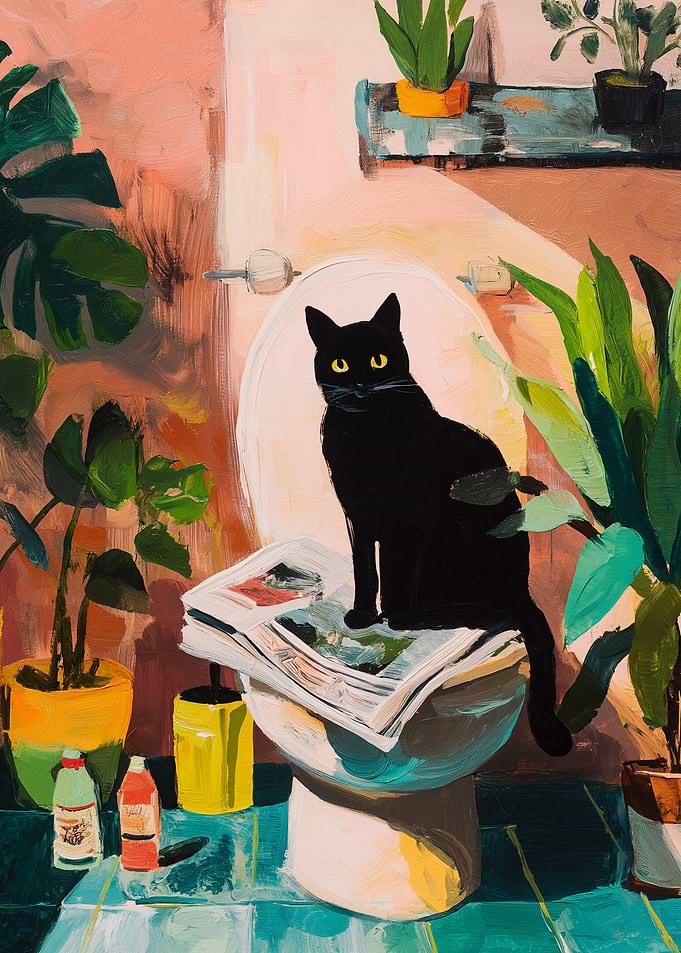 Black Cat on Toilet with Plants