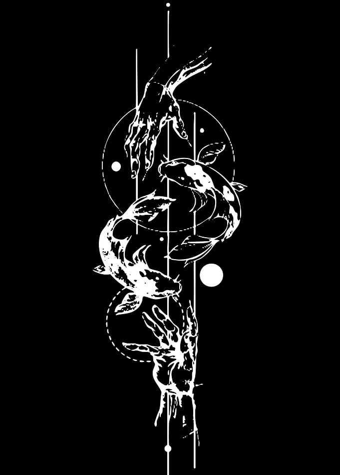 Geometric Koi and Hands Tattoo Design