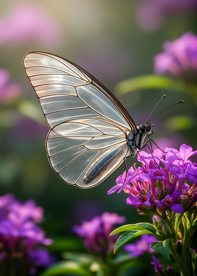 Translucent Butterfly on Purple Flowers