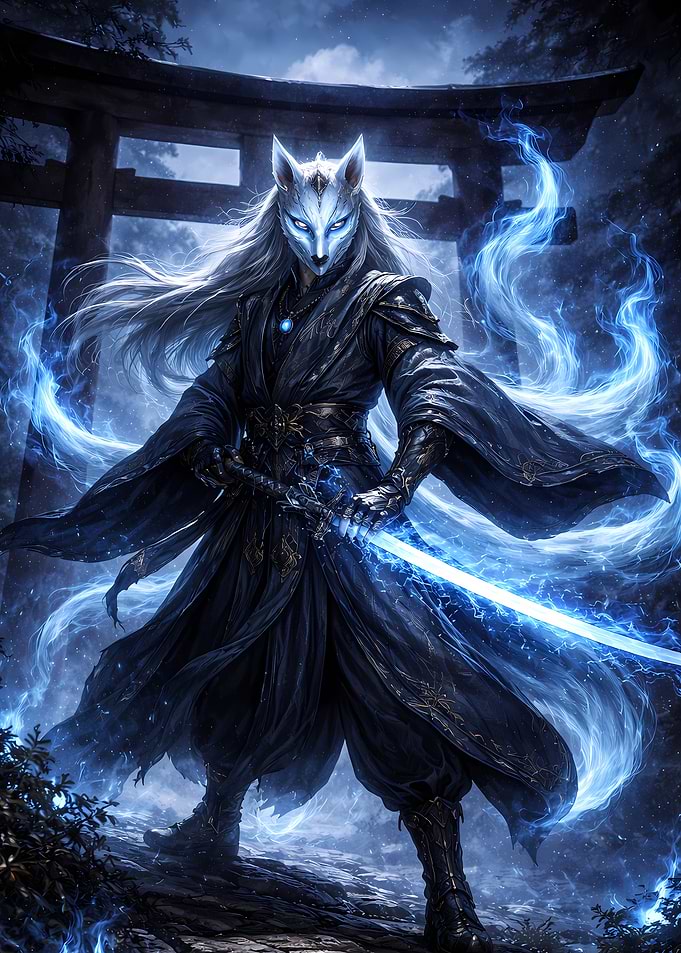 Mystical Fox Warrior with Glowing Sword