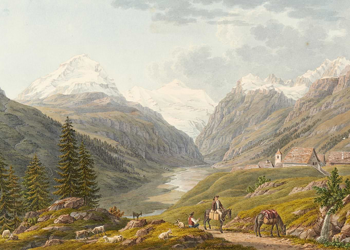 Alpine Valley with Travelers and Sheep