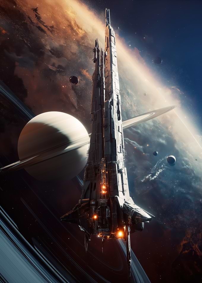 Massive Spaceship Near Ringed Planet