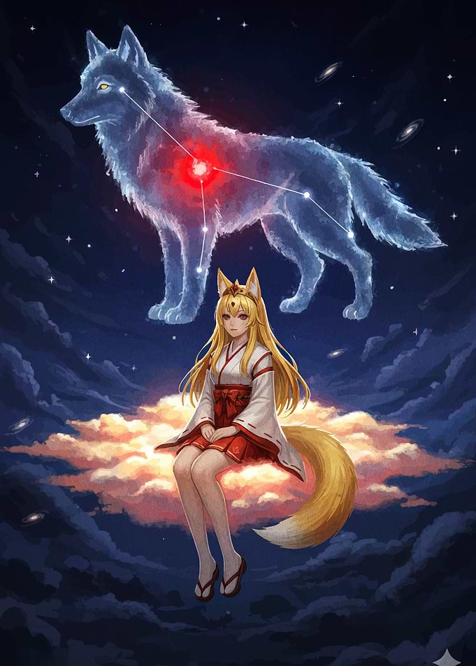 Kitsune Shrine Maiden and Celestial Wolf