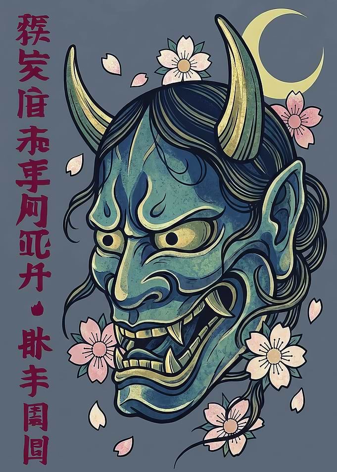 Japanese Oni Mask with Cherry Blossoms
