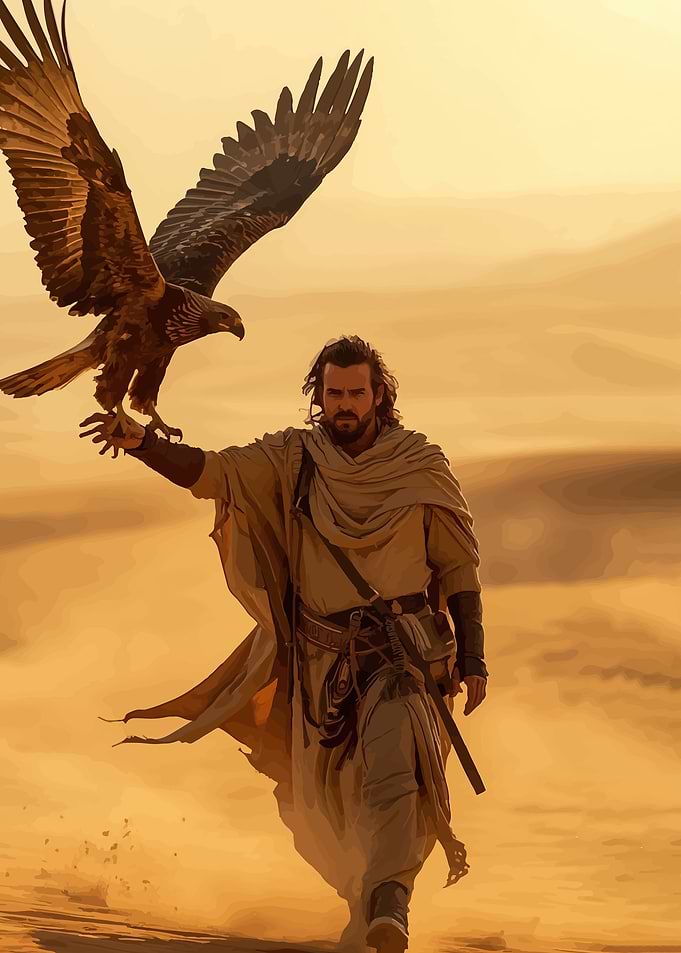 Man with Eagle in Desert