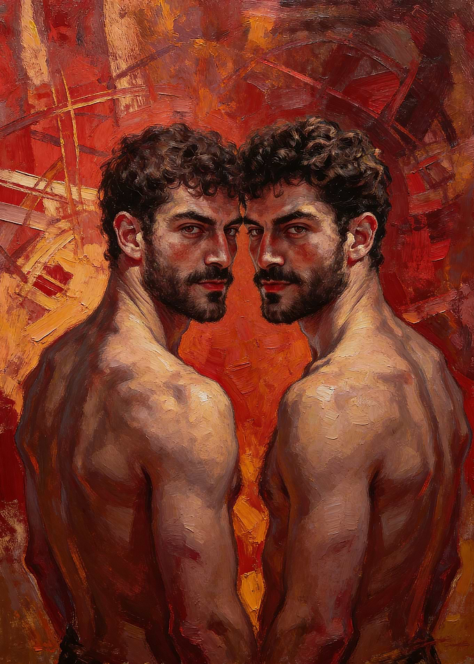 Two men painted in red background
