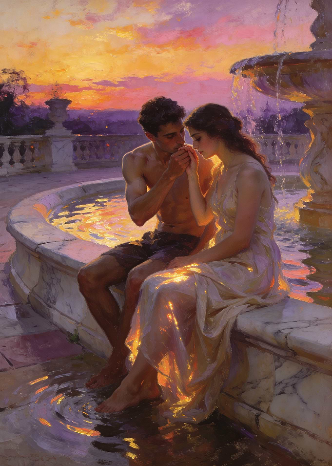 Romantic couple by a fountain at sunset