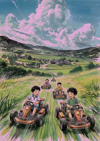Children racing go-karts through a scenic landscape