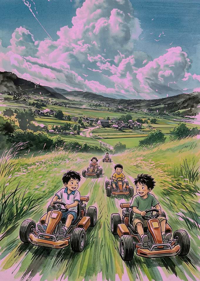 Children racing go-karts through a scenic landscape