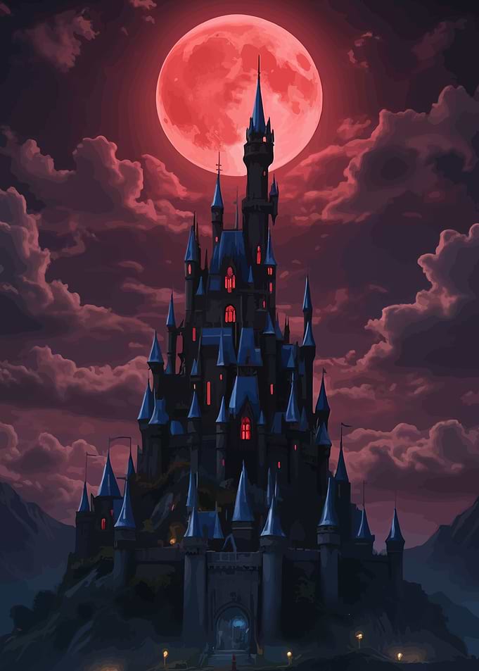 Gothic Castle Under Blood Moon