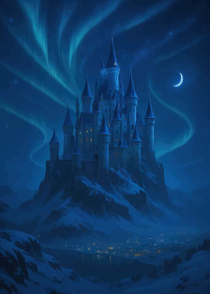Enchanted Castle Under Aurora Borealis