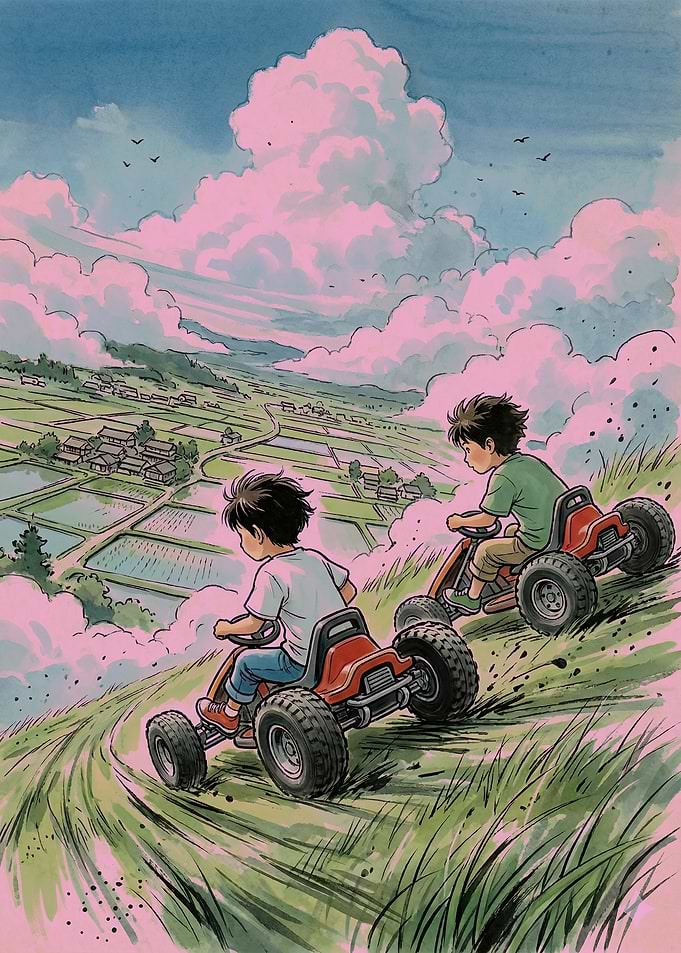 Boys racing go-karts down a hill