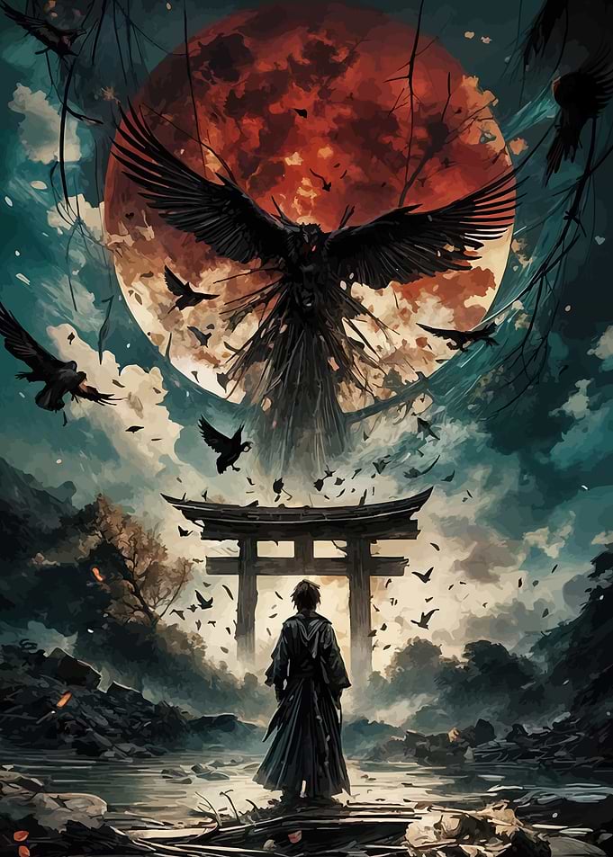 Samurai Facing a Demonic Crow Under a Blood Moon