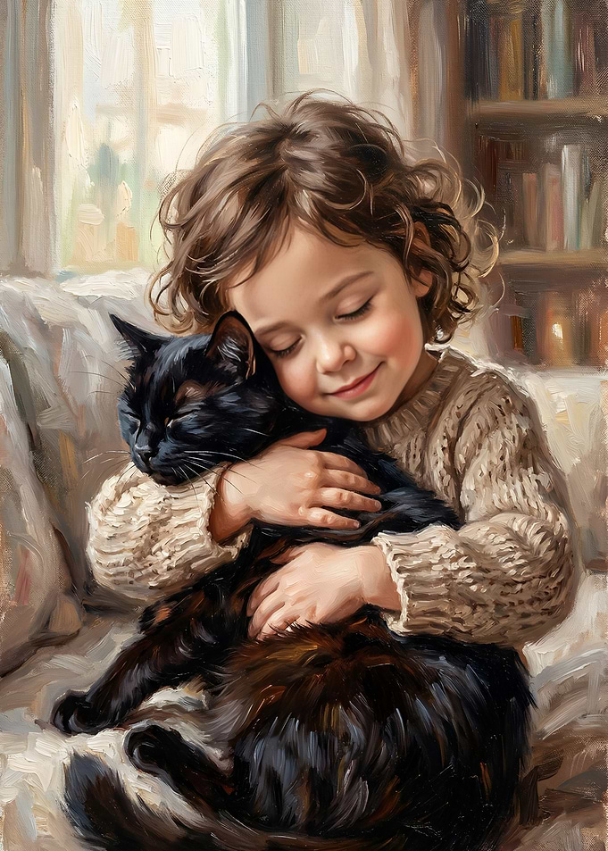 Child Hugging Black Cat