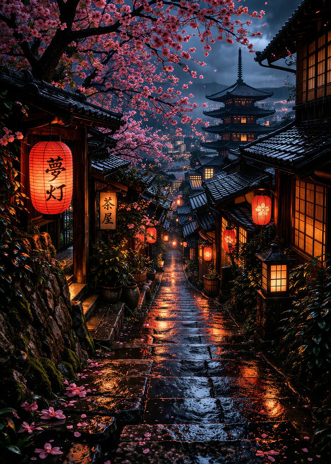 Rainy Night in Kyoto with Cherry Blossoms