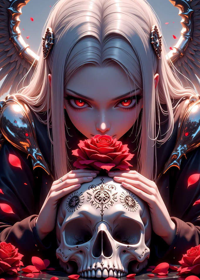 Gothic Angel with Rose and Skull