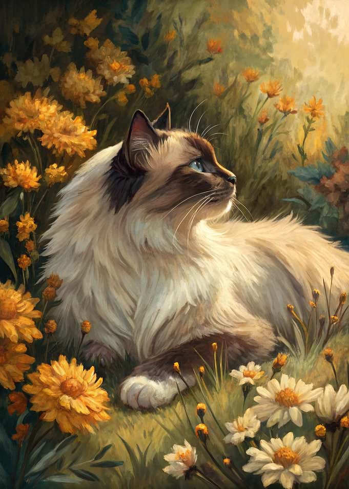Fluffy Cat in a Field of Flowers