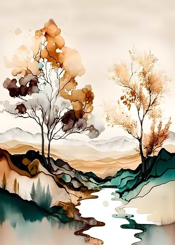 Abstract Watercolor Landscape with Trees