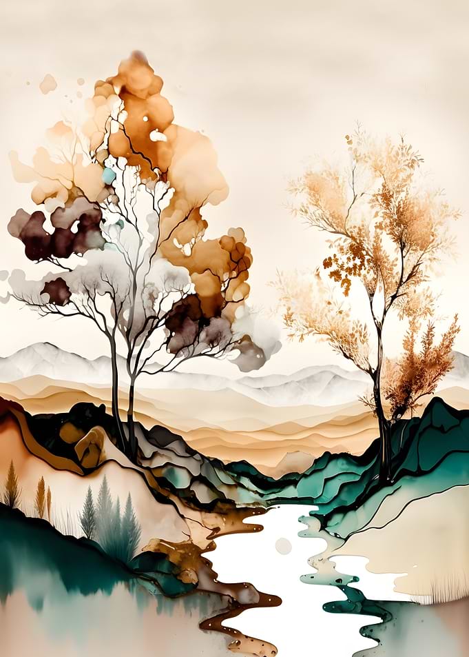 Abstract Watercolor Landscape with Trees