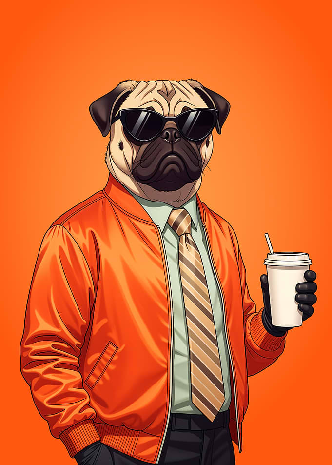 Cool Pug in a Jacket with Coffee