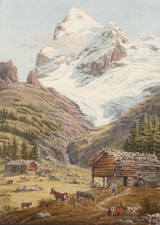 Alpine Village with Majestic Mountain and Glacier
