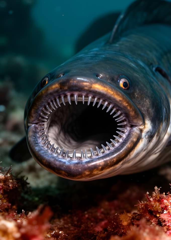 Fish with open mouth and sharp teeth