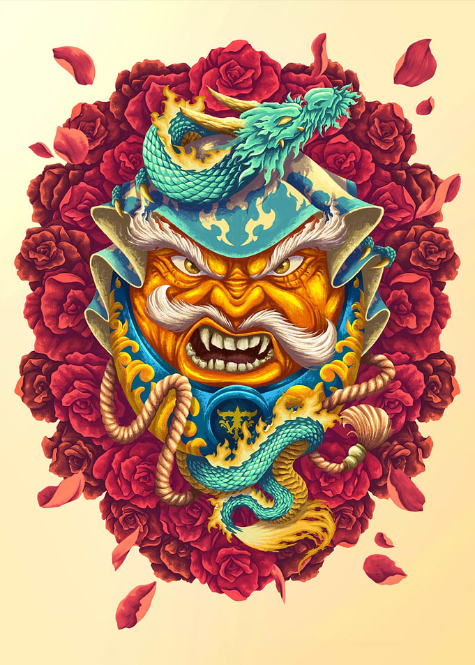 Fierce Daruma and Roses