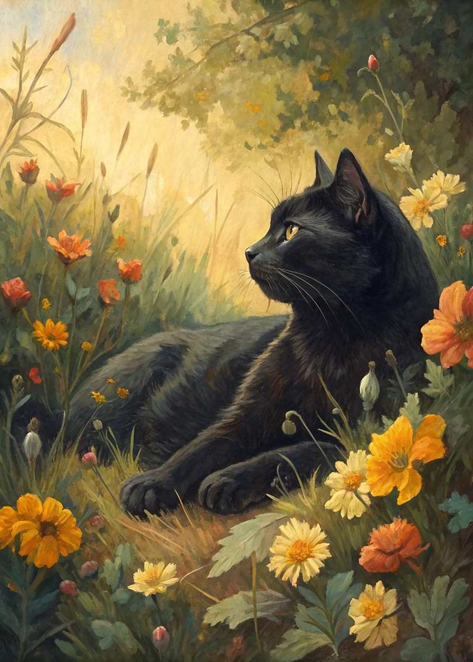 Black Cat in a Field of Flowers