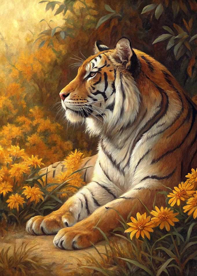 Tiger in a field of yellow flowers