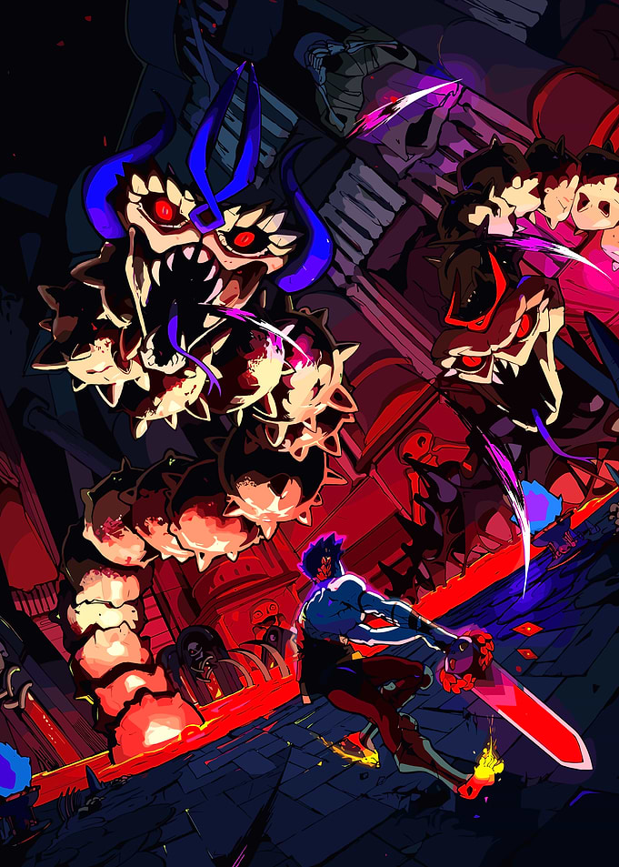 Hero battles monstrous worm creature