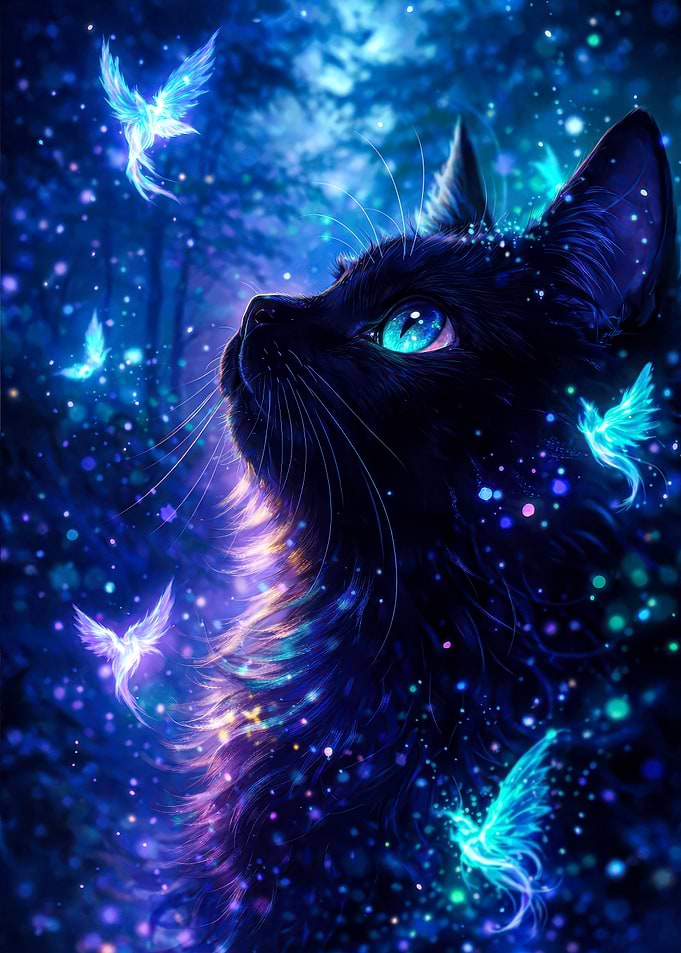Enchanted Black Cat with Magical Birds