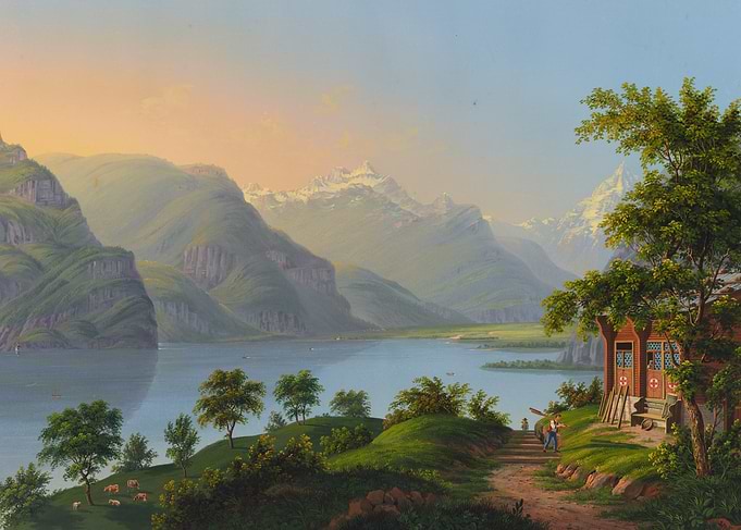 Alpine Lake with Cabin and Mountains