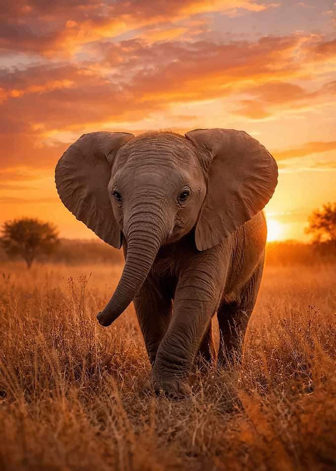 Baby elephant at sunset