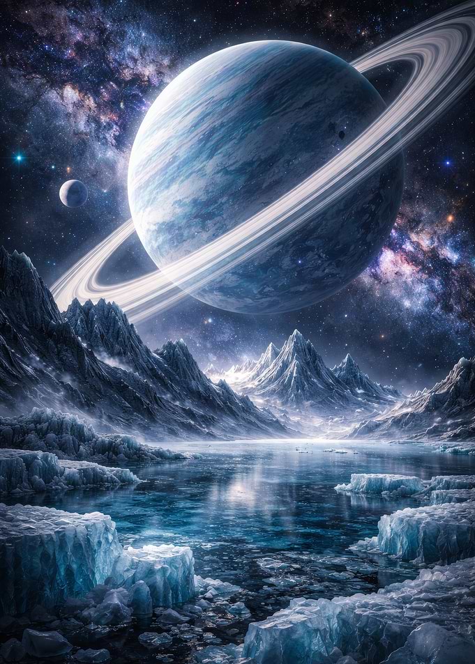 Alien Planet Landscape with Ringed Planet