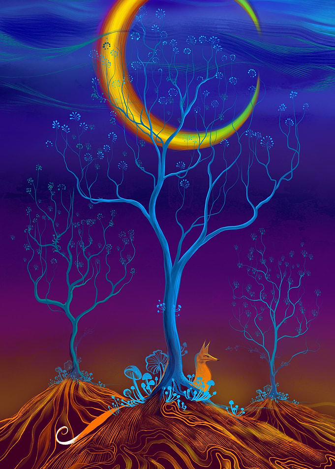 Enchanted Forest with Fox and Crescent Moon