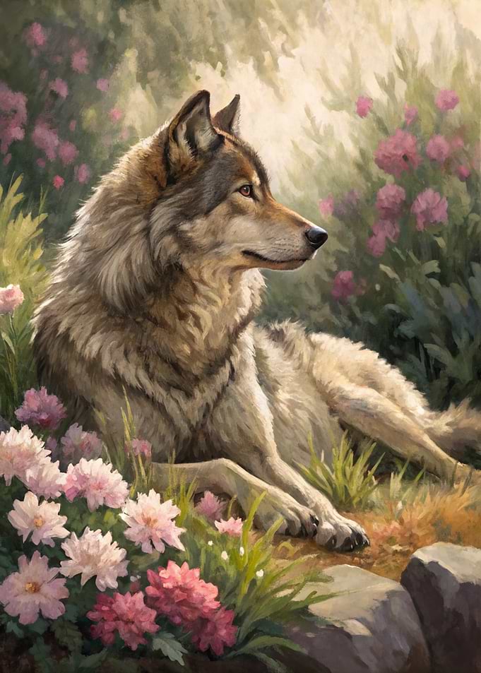Wolf resting in a field of flowers