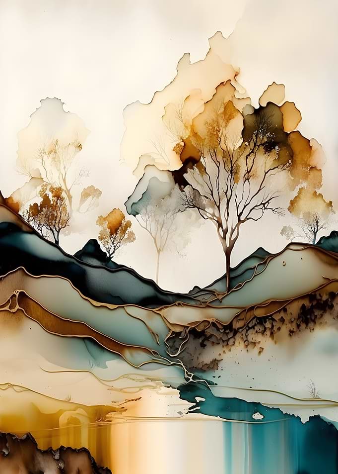 Abstract Watercolor Landscape with Trees