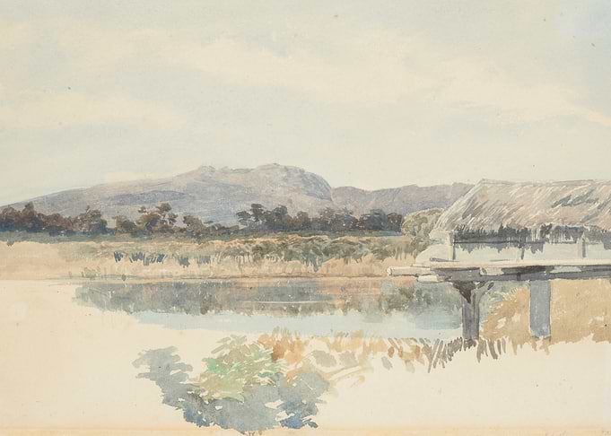 Watercolor Landscape with Hut and Mountains