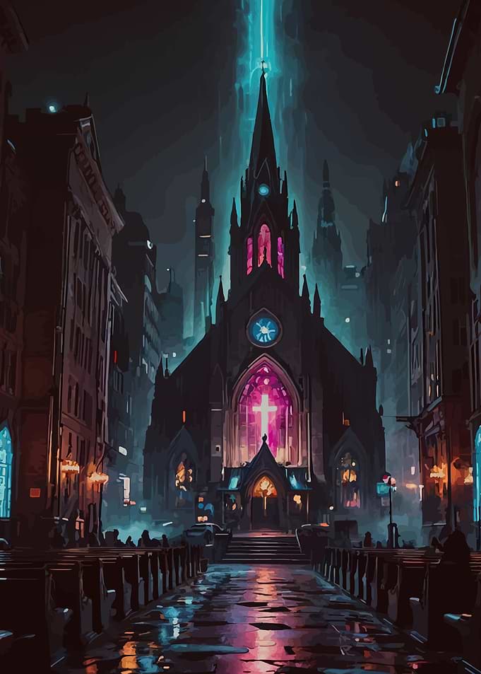 Gothic Church in Neon City