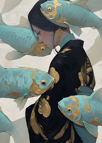 Woman with Koi Fish Painting