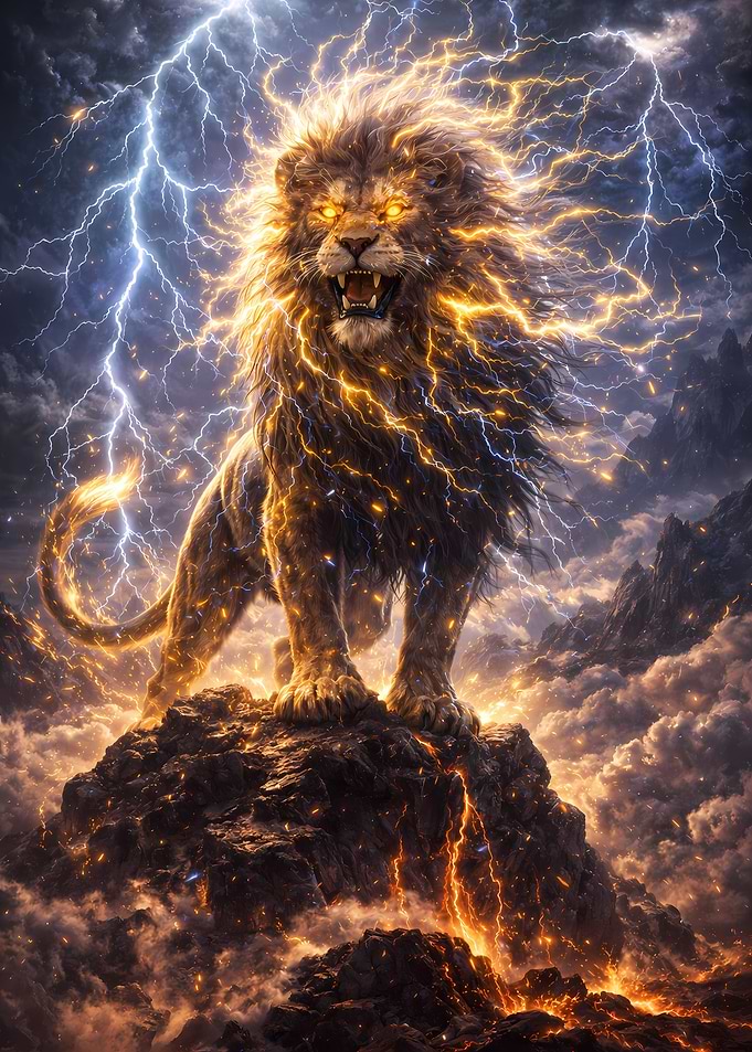 Majestic Lion Amidst Lightning Storm