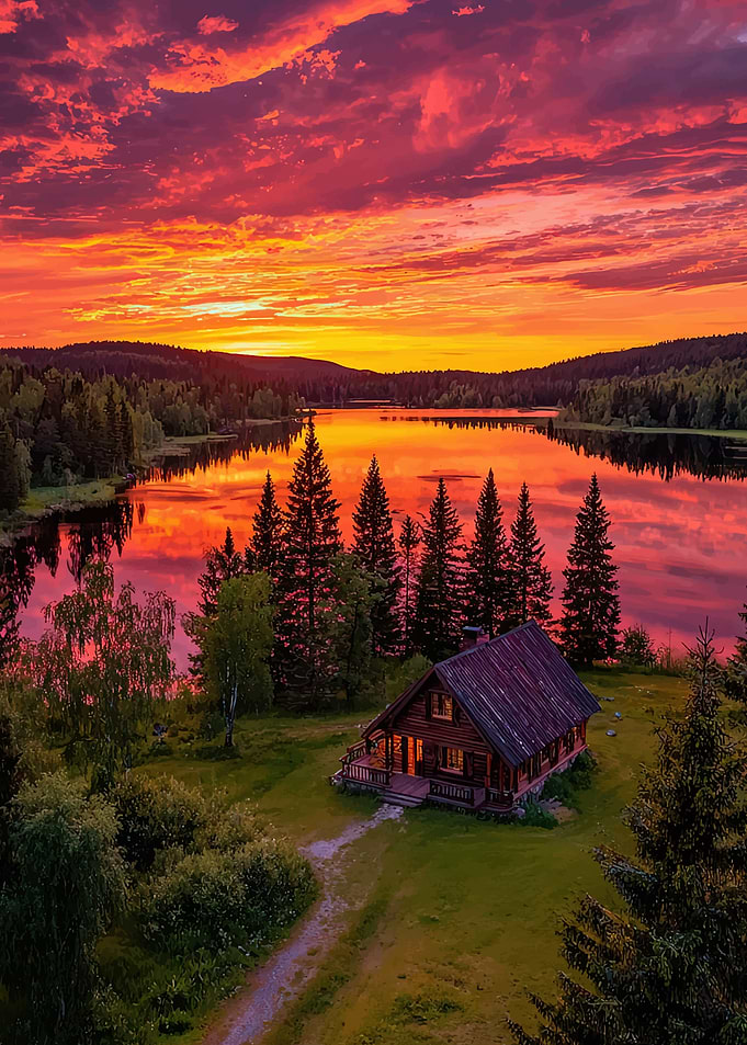 Cabin by the lake at sunset