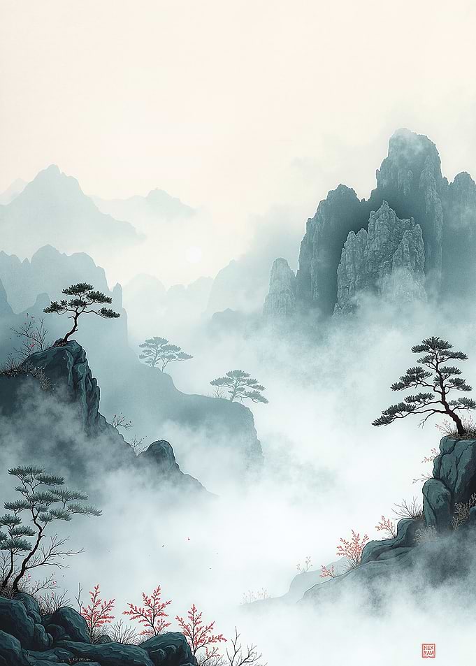 Misty Mountain Landscape with Pine Trees