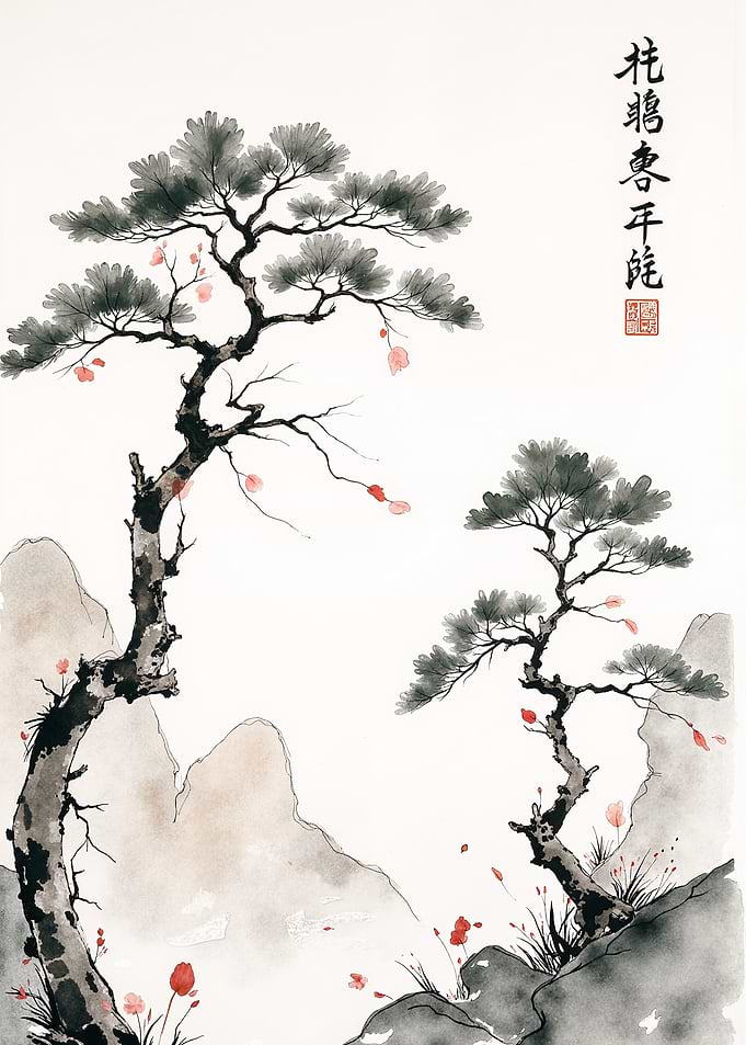 Japanese Pine Trees and Mountains