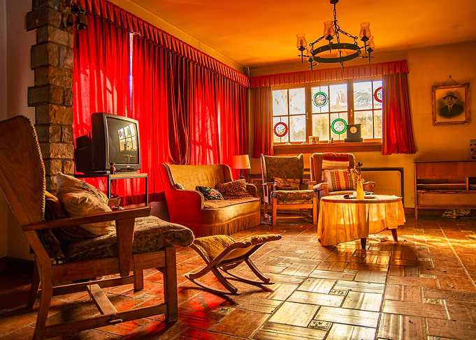 Vintage Living Room with Red Curtains