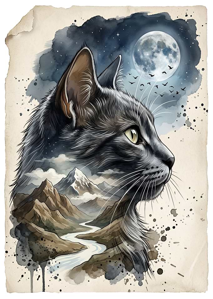 Cat with Mountains and the Moon Landscape