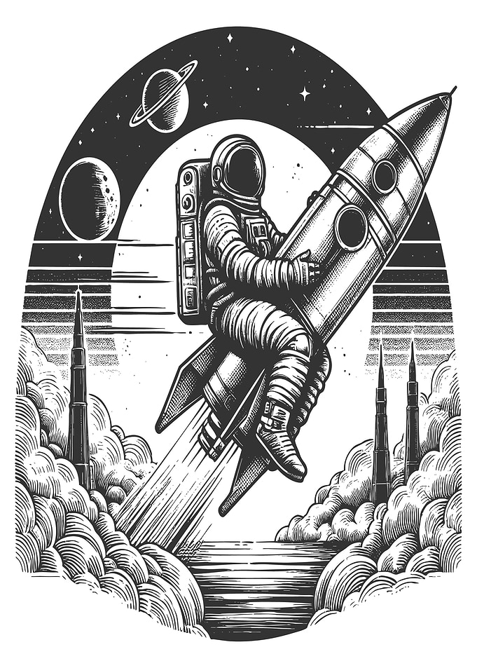 Astronaut riding a rocket through space